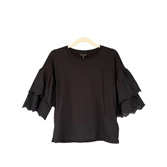 Topshop Ruffle Sleeve Top Black Lace Trim Short Sleeve Blouse‎ US 2 - Picture 5 of 7
